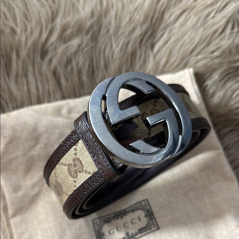Gucci Brown and Tan Belt Bag with Silver Logo Buckle size 36 - Picture 2 of 9